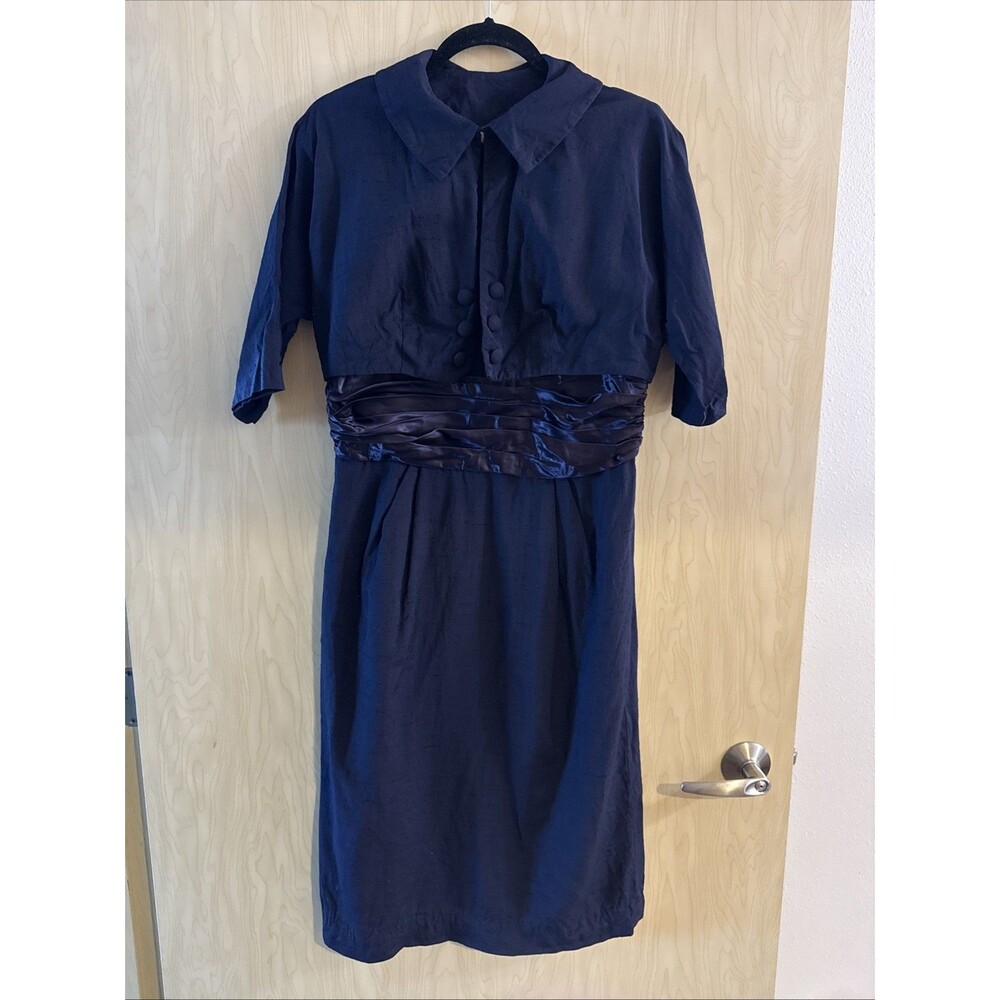 1950s Navy Linen cocktail / evening sheath dress w/ bolero jacket Size 8